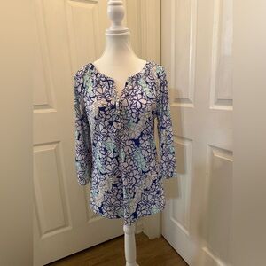 Emily Daniel Floral Blue and White Women's Top Size S